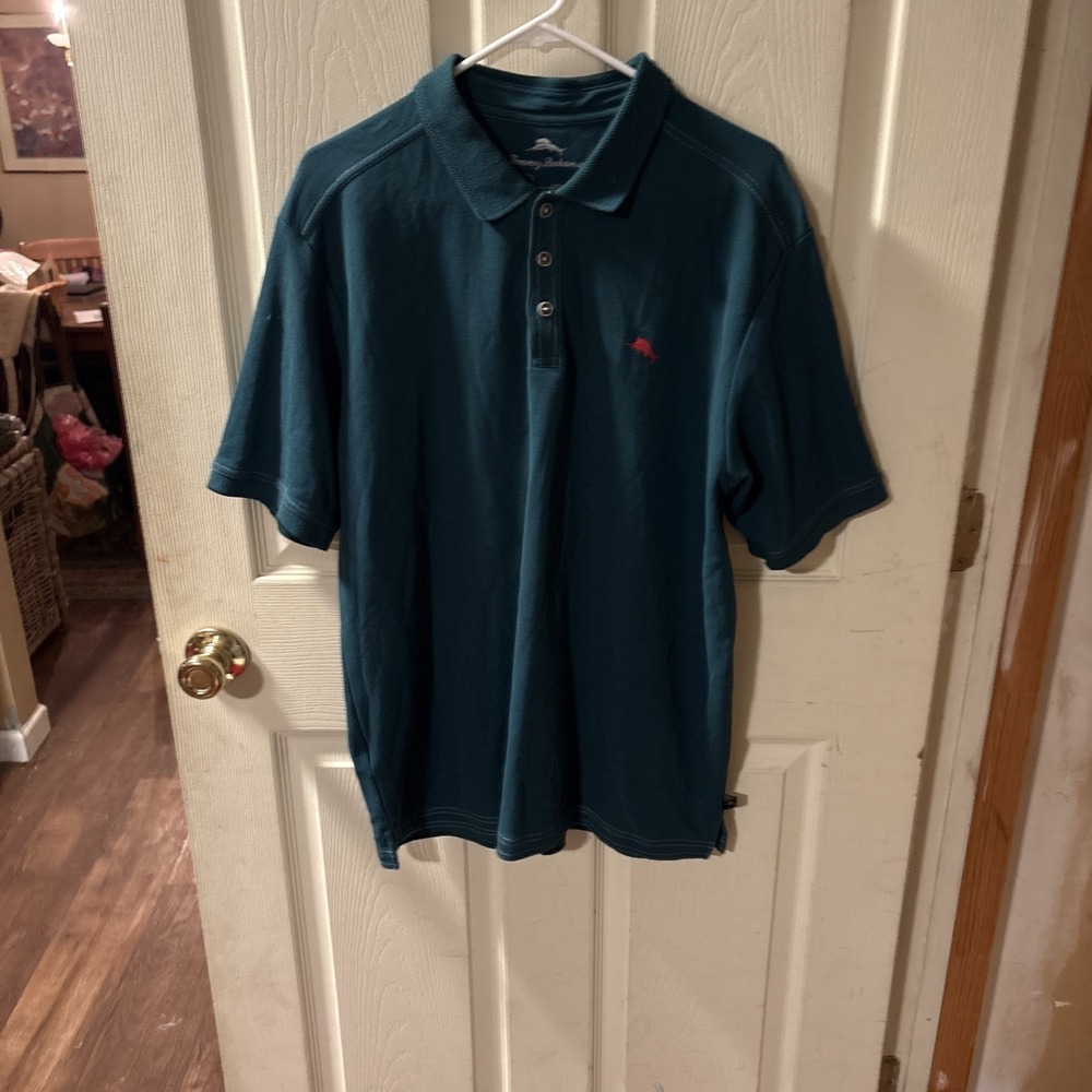 Tommy Bahama Mens Supima Cotton Polo Shirt Green Teal Large Short Sleeve Marlin